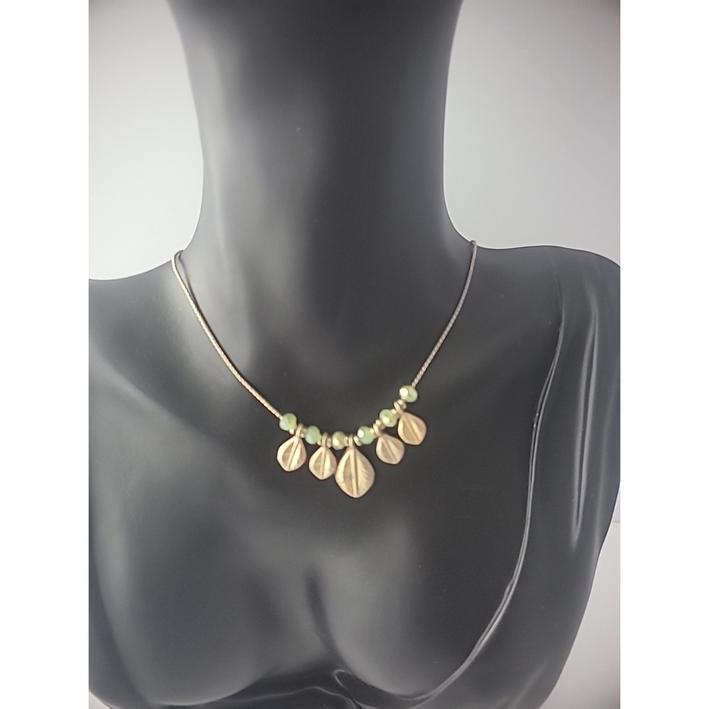 Vintage Necklace Chain Silver Tone Green Beads Gold Tone Leaves Jewelry Costume